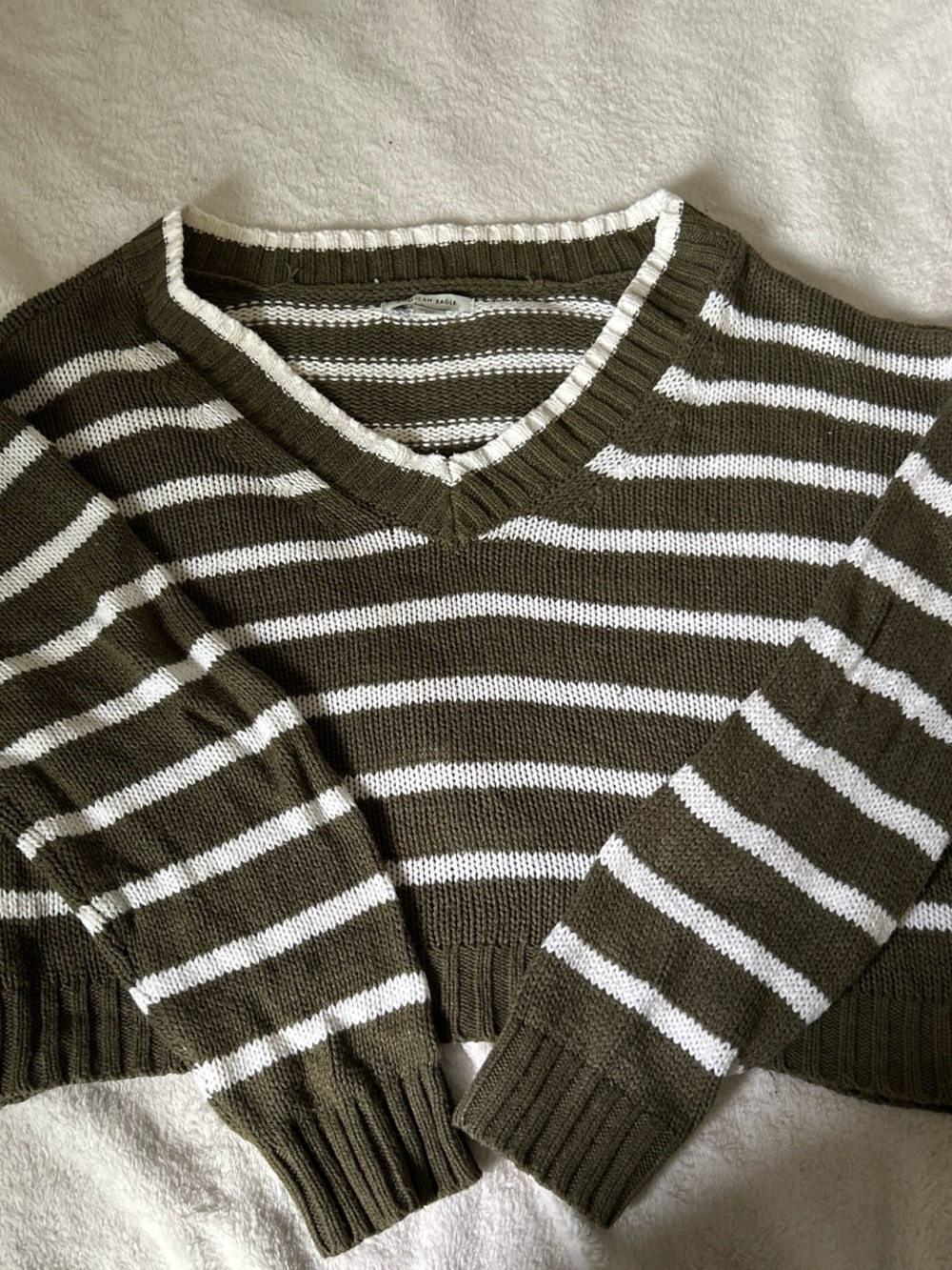 American Eagle Outfitters Olive & White Striped V-Neck Sweater